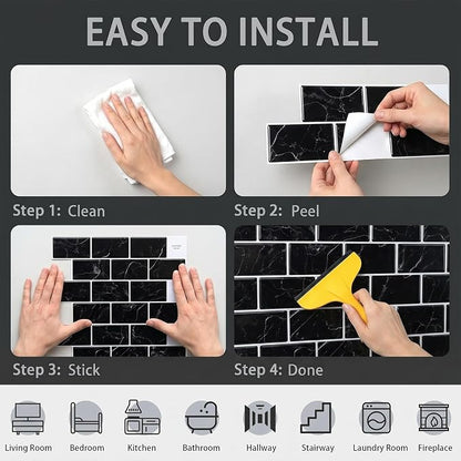 Arttown Peel and Stick 3D Wall Backsplash, 10-Sheet, 12" × 12" Black | Subway Tile Self Adhesive Thicker Design Wall Tiles Panel Wallpaper for Kitchen Bathroom Balcony Rental Housing