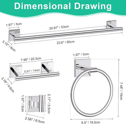 Chrome Bathroom Hardware Towel Bar Set, 5 Pieces Double Dase Toilet Paper Holder Towel Holder Set, 23.6 Inch Stainless Steel Towel Rack for Bathroom Wall Mount