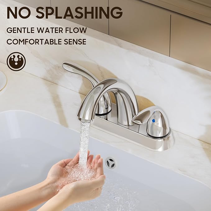 Phiestina Chrome 4 Inch 2 Handle Centerset 2 or 3 Holes Bathroom Faucet, Vanity Sink Faucet with Copper Pop Up Drain and Water Supply Lines, BF008-5-C