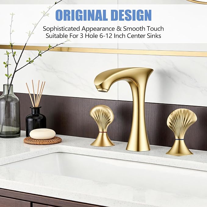 Gold Bathroom Faucet 3 Hole, 8 Inch Widespread Bathroom Sink Faucet for Vanity, 2 Handle Bathroom Faucets, Bathroom Vanity Faucet with Pop-Up Drain and Supply Hoses
