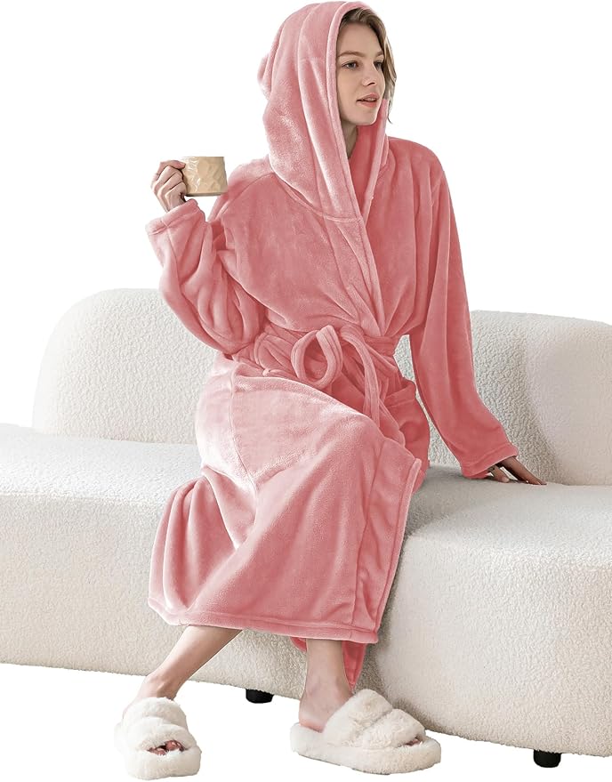 Robes for Women - Hooded Plush Fleece Bathrobe with Sash & Pockets, Full-Length Lightweight Spa Robe