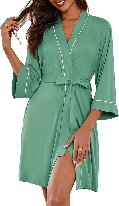 Ekouaer Women Kimono Robes Knee Length Knit Bathrobe Lightweight Soft Sleepwear V-neck Casual Ladies Loungewear