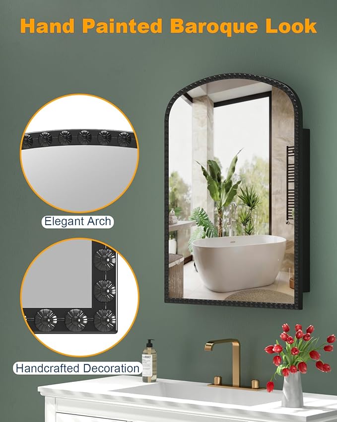 Black Medicine Cabinet for Bathroom, Surface Mount or Recessed Medicine Cabinets with Storage and Arched Mirror 20"x28" , All-Metal Daisy Decor Frame, Includes 2 Adjustable Shelves and 1 Organizer