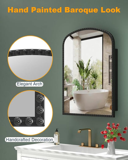 Black Medicine Cabinet for Bathroom, Surface Mount or Recessed Medicine Cabinets with Storage and Arched Mirror 20"x28" , All-Metal Daisy Decor Frame, Includes 2 Adjustable Shelves and 1 Organizer