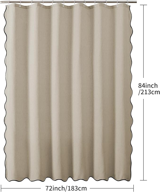 Linen Scallop Shower Curtain with 12 Clear Hooks, Waterproof, 72x84, Beige | Cute Washable Heavy Duty Thick Fabric with Black Border, Neutral Modern Farmhouse Boho Décor
