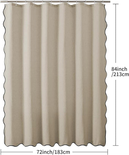 Linen Scallop Shower Curtain with 12 Clear Hooks, Waterproof, 72x84, Beige | Cute Washable Heavy Duty Thick Fabric with Black Border, Neutral Modern Farmhouse Boho Décor