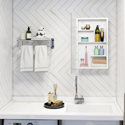 Fundin White Medicine Cabinet Recessed or Surface Mount, Bathroom Medicine Cabinet with 16 x 26 Beveled Mirror and Adjustable Staggered Shelves
