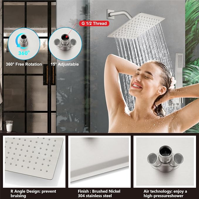 Midanya Shower System with Tub Spout,8 Inch Shower Head,Brushed Nickel | with Valve & Trim Kit,Square Rain Head,Handheld Sprayer,Waterfall Spout,All Metal Wall Mount Bathroom Shower Tub Faucet Set