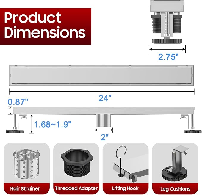 DLONE® Linear Shower Drain - 24 Inch Brushed Nickel, with Tile Insert Panel | AISI 304 Stainless Steel Linear Drain, Rectangle Shower Floor Drain, with Adjustable Feet, Fits Bathroom & Balcony etc