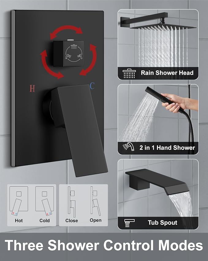 Aolemi Shower System with Tub Spout and Valve Matte Black | 10-Inch Square Wall Mounted Rainfall Shower Head and Handheld,3-Function Bathtub Shower Faucet Set