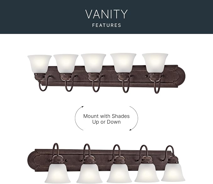 Kichler 5-Light Bathroom Vanity Light, Tannery Bronze | Damp-rated vanity light with satin etched glass (36" x 8" x 5"), 5339TZS