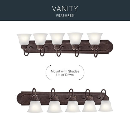 Kichler 5-Light Bathroom Vanity Light, Tannery Bronze | Damp-rated vanity light with satin etched glass (36" x 8" x 5"), 5339TZS