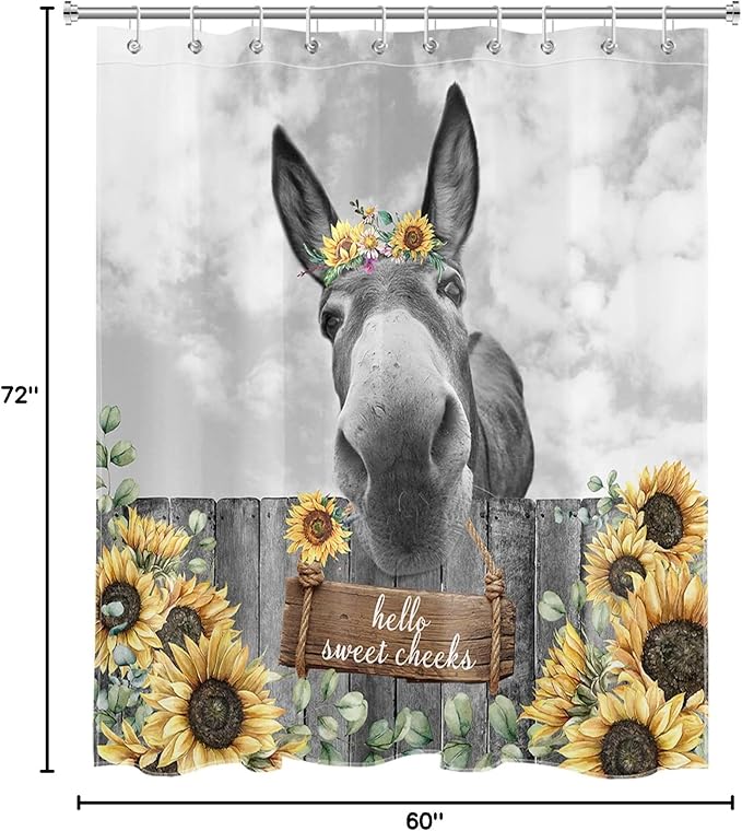 HVEST Farmhouse Donkey Shower Curtain for Bathroom Funny Western Wild Animal with Sunflower on Wood Shower Curtain with Hooks Yellow Floral with Eucalyptus Bathroom Curtain Shower Set,72L X 60W inches