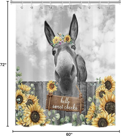 HVEST Farmhouse Donkey Shower Curtain for Bathroom Funny Western Wild Animal with Sunflower on Wood Shower Curtain with Hooks Yellow Floral with Eucalyptus Bathroom Curtain Shower Set,72L X 60W inches