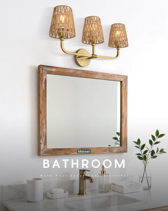 3-Light Brushed Gold Bathroom Vanity Light, Handwoven Rattan Shades | Ideal for 28-38" mirrors, 24.5" bathroom light fixtures over mirror, upward only, E26 base, bulbs not included, VL837-BG-RA-3
