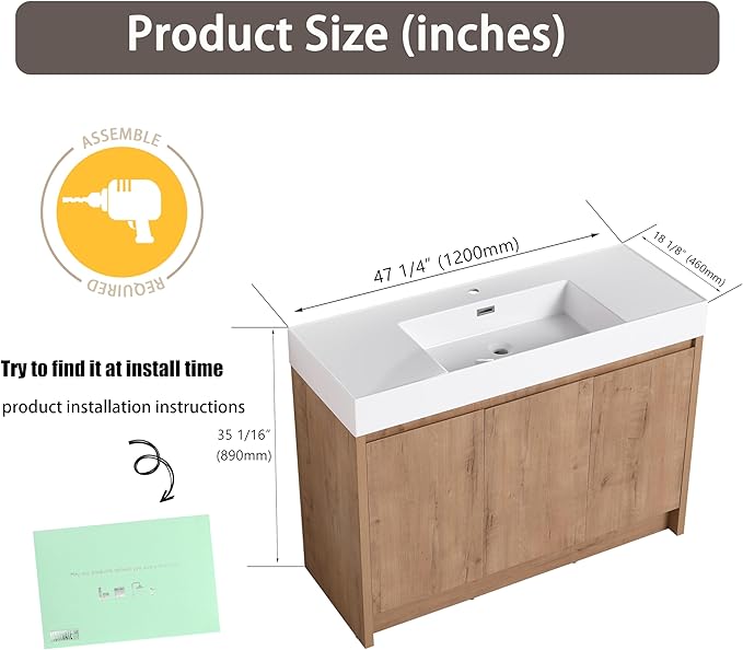 48 Inch Bathroom Vanity with Sink, Imitative Oak Modern Freestanding Vanity Set with Soft-Closing Door and Resin Basin, Contemporary Styling for Elegant Bathrooms