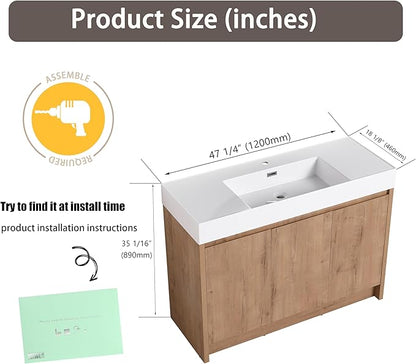 48 Inch Bathroom Vanity with Sink, Imitative Oak Modern Freestanding Vanity Set with Soft-Closing Door and Resin Basin, Contemporary Styling for Elegant Bathrooms