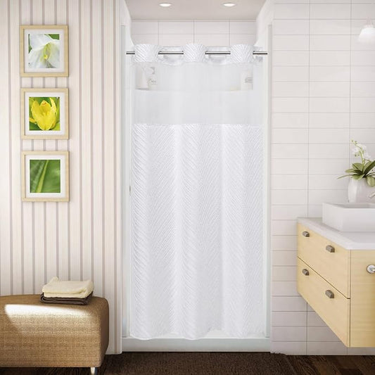 eachope stall no Hook Tufted Shower Curtain with snap in Liner Set, White Waterproof Fabric Inner Liner,Boho Style Shower Curtain with See Through top Window, White, 36Wx74H