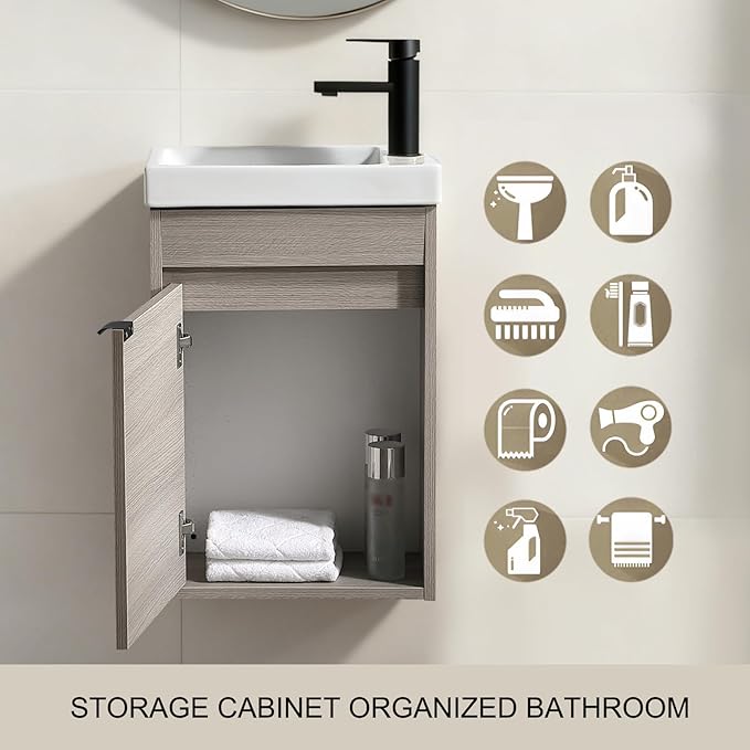 16 Inch Bathroom Vanity with Sink Combo, Wall Mounted Cabinet Set with 1 Door and White Ceramic Basin Sink Top, Forest Oak Floating Bathroom Vanity for Small Space