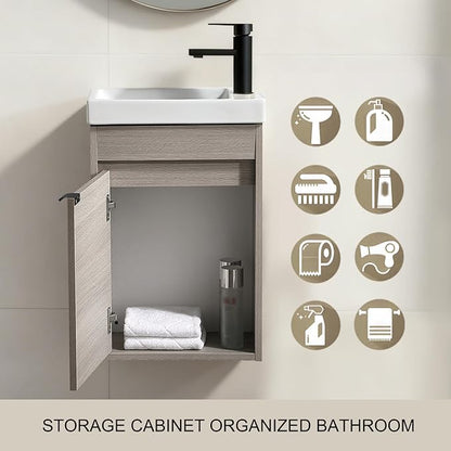 16 Inch Bathroom Vanity with Sink Combo, Wall Mounted Cabinet Set with 1 Door and White Ceramic Basin Sink Top, Forest Oak Floating Bathroom Vanity for Small Space