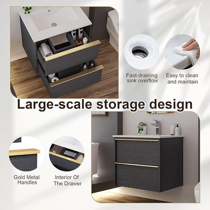 Floating Bathroom Vanity with Sink Wall Mounted Cabinet with 2 Soft-Close Drawers, Moisture-Resistant MDF,Large Storage for Small Space (Gray 24")