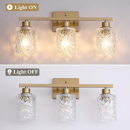 Mecgirn Stainless Steel Bathroom Vanity Light Over Mirror, 3 Light Brushed Gold Bathroom Light Fixtures with Textured Glass Shades,Ceramic E26 Sockets Wall Mounted Vanity Lights for Bathroom