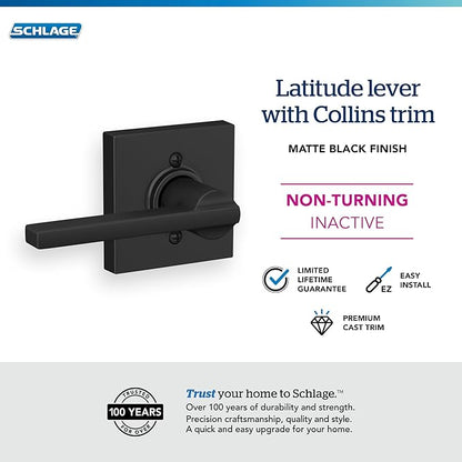 Schlage F170 LAT 622 COL Latitude Lever with Collins Trim Non-Turning Dummy Door Handle, Matte Black