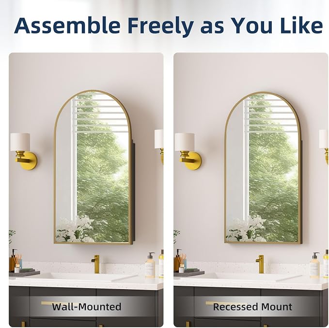 Medicine Cabinets for Bathroom, Brush Gold Arched Medicine Cabinet Recessed or Surface Wall-Mounted,Modern Bathroom Vanity Mirror with Storage, Mirrored Cabinet with Adjustable Shelves,16x31 Inch