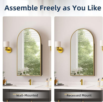 Medicine Cabinets for Bathroom, Brush Gold Arched Medicine Cabinet Recessed or Surface Wall-Mounted,Modern Bathroom Vanity Mirror with Storage, Mirrored Cabinet with Adjustable Shelves,16x31 Inch