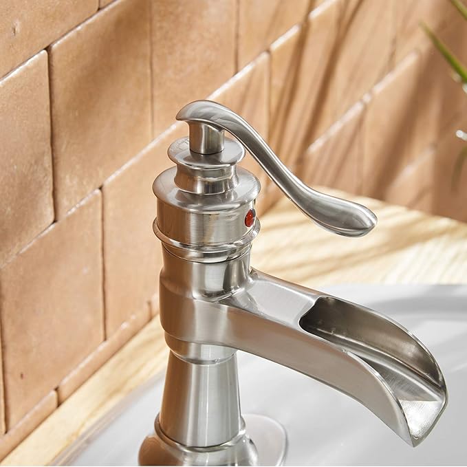 BWE Waterfall Bathroom Faucet Brushed Nickel with Pop Up Drain Parts Assembly and Supply Hose Rv Single-Handle Single Hole Vanity Lavatory Sink Commercial