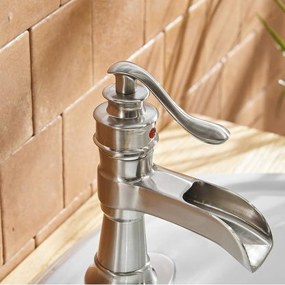 BWE Waterfall Bathroom Faucet Brushed Nickel with Pop Up Drain Parts Assembly and Supply Hose Rv Single-Handle Single Hole Vanity Lavatory Sink Commercial
