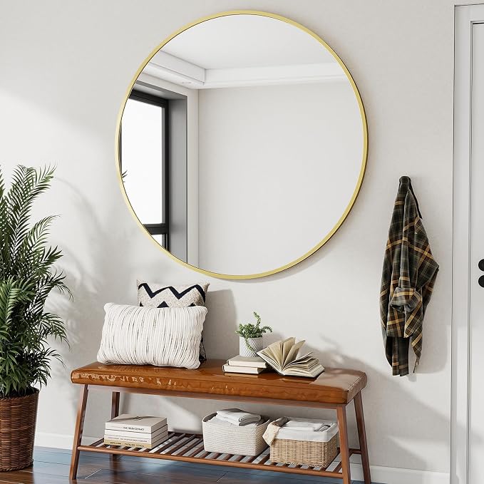 Large Gold Round Bathroom Mirror 42" with Thin Metal Frame | Circle Wall Mounted Mirror Hanging or Leaning Decor for Hallway, Entryway, Fireplace Mantel, Living Room