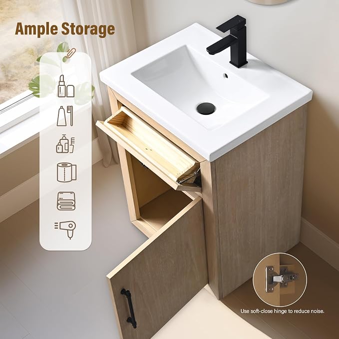 24 Inch Bathroom Vanity with Single Sink & Ceramic Top, MDF Material Vanity Cabinet with Basin Combo, Soft-Closing Doors, Removable Shelf, Backsplash