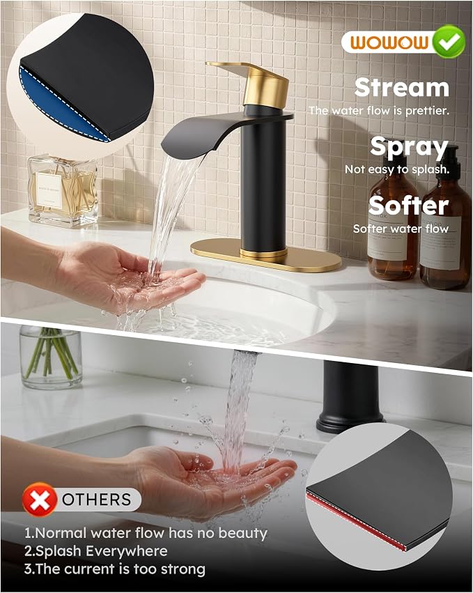 Waterfall Bathroom Faucet: WOWOW Black and Gold Modern Single Handle Bathroom Faucets for 1 or 3 Hole Bathroom Sink Faucet Mixer Tap Washbasin Faucet with Deck, Pop-up Drain and Supply Hoses