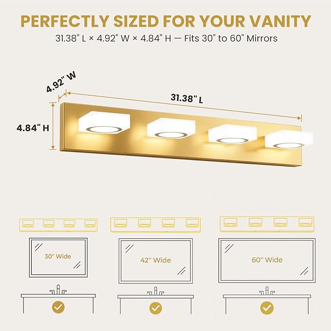 Bathroom Vanity Light, 4-Light 31 Inch Brushed Gold 5CCT 2700-6500K LED Bathroom Light Fixtures Over Mirror, Vanity Lighting Modern Bath Wall Sconce for Mirror Bedroom Living Room