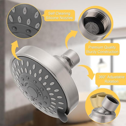 AISOSO Shower Head, 5 Modes High Pressure Shower Heads for Relaxed Shower Experience, 4.1 Inch Bathroom Fixed Showerhead Even at Low Water Pressure for Powerful Spray, Brushed Nickel