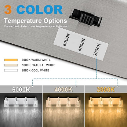 SineRise Vanity Light with 3 Color Modes (3000K/4000K/6000K), Eye Protection LED Bathroom Light Fixture, Dimmable Modern Wall Light Over Mirror with Clear Glass Shade (Chrome, 4-Light)