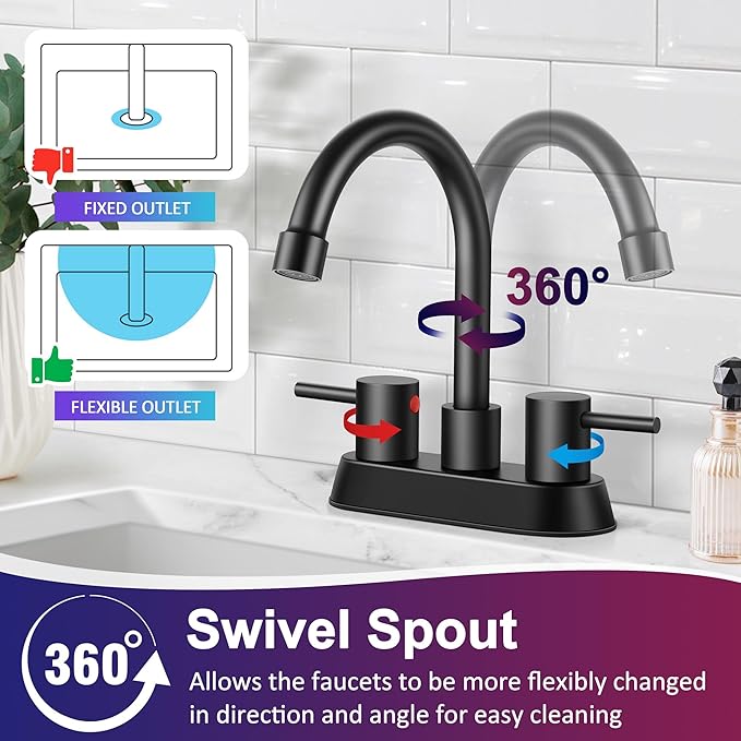 Matte Black Bathroom Faucet for 3 Hole, Herogo 4 Inch 2-Handle Bathroom Sink Faucet with Pop-Up Drain and Supply Hoses, 18/10 Stainless Steel Faucets for RV Vanity