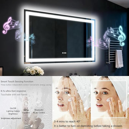 48"x28" LED Bathroom Mirror with Lights,Bluetooth Dual Speaker | Anti-Fog,3 Color Temperature,Dimmable Brightness,Memory Function,Waterproof,Wall Mount Design,Tempered Glass