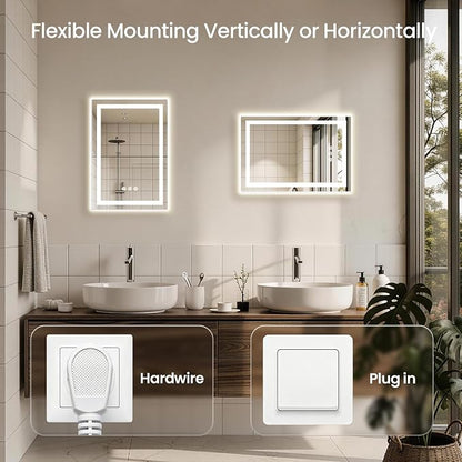 16x24 LED Bathroom Mirror with Anti-Fog, Backlit & Front Lit, Memory | Stepless Dimmable 3 Color CRI 95+ Shatterproof Tempered Glass ETL Listed for Safety Lighted Bathroom Vanity Mirror for Wall