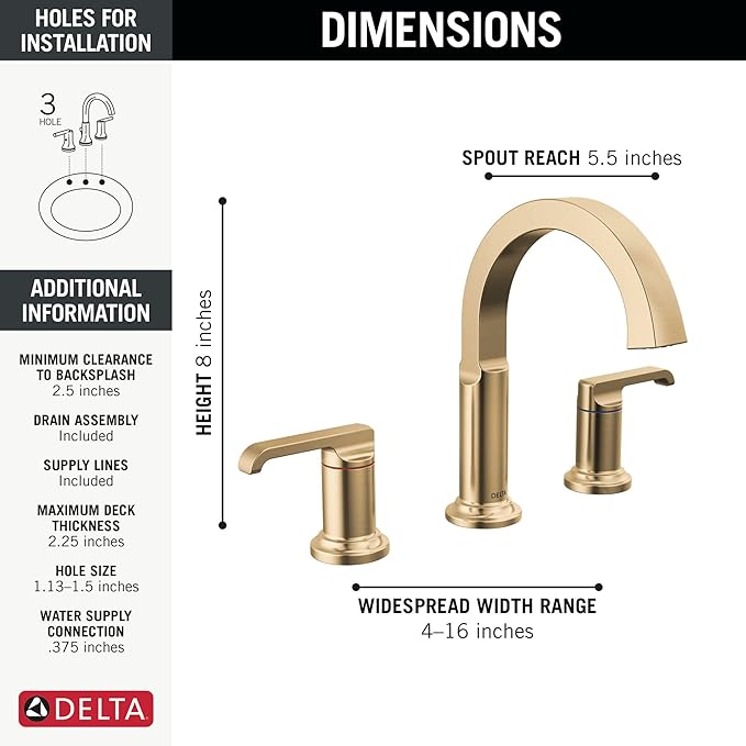 Delta Tetra Brushed Gold Bathroom Faucet 3 Hole, 8 Inch Widespread Bathroom Sink Faucet for Vanity, Metal Push-Pop Drain Assembly, Lumicoat Champagne Bronze 35588-CZ-PR-DST