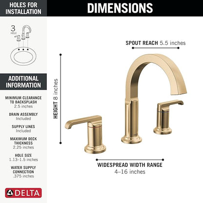 Delta Tetra Brushed Gold Bathroom Faucet 3 Hole, 8 Inch Widespread Bathroom Sink Faucet for Vanity, Metal Push-Pop Drain Assembly, Lumicoat Champagne Bronze 35588-CZ-PR-DST