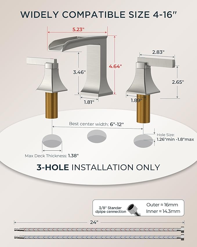 FORIOUS Brushed Nickel 3 hole bathroom faucet, 8" Widespread bathroom sink faucet Waterfall for 4"-16" Sinks, 2 Brass Handle for Vanity with Metal Drain Stopper and CUPC Pre-Installed Hose System