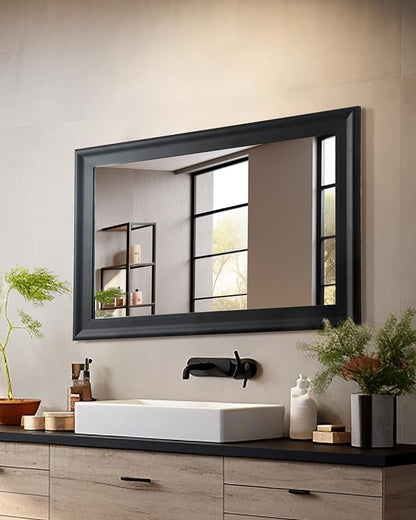 Black Wall Mirror for Bathroom,Rectangle Rustic 24 x 36 inch Vanity Mirrors | Hanging Mirror with Wood Grain Pattern for Living Room,Bedroom,Entryway