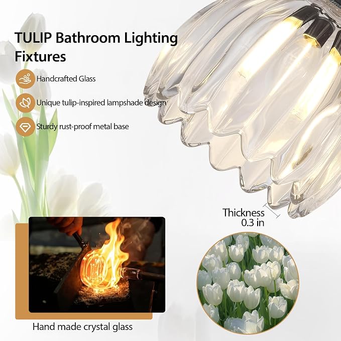 Matte Black 2 Light Bathroom Vanity Light,14.9in Modern Bathroom Lighting Fixtures Over Mirror with Clear Crystal Glass Shade,Vintage Vanity Lights for Bathroom Living Room Bedroom（not include bulbs)