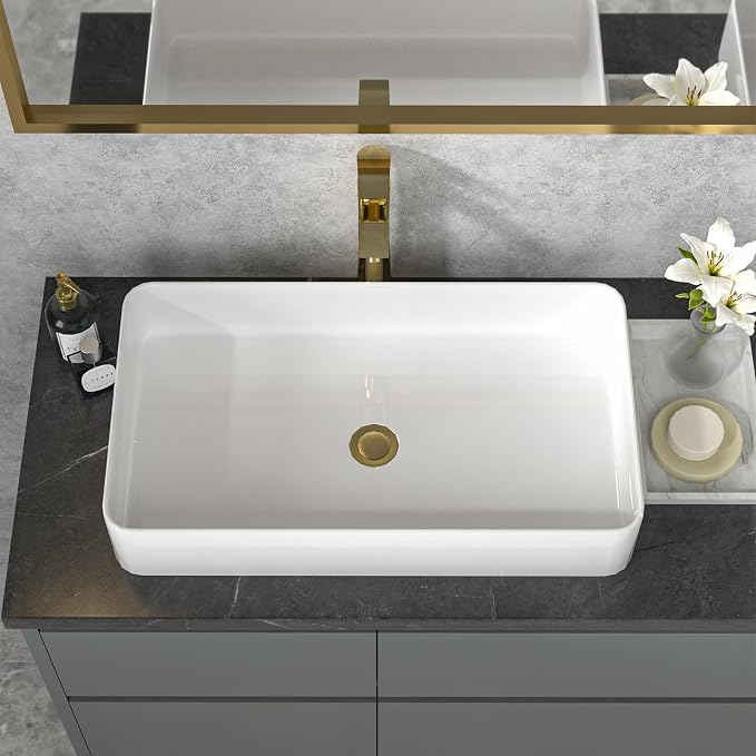 Sarlai 24 Vessel Sink Rectangle - 24 x 14 Inch Bathroom Sink Modern Large Rectangular Above Counter White Porcelain Ceramic Bathroom Vessel Vanity Sink Art Basin