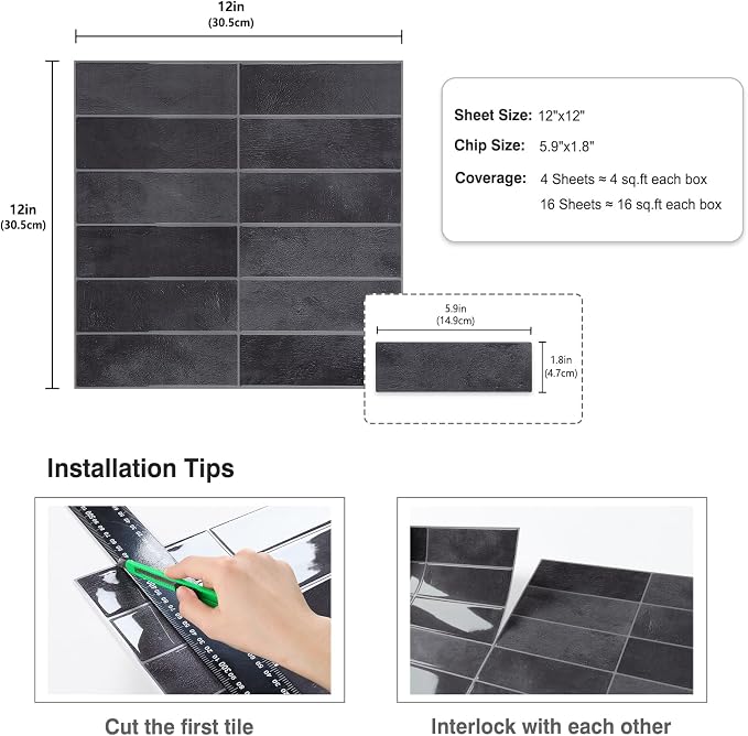 CRE8TIVE 16 Sheets Grey Straight Linear Peel and Stick Tile for Kitchen Bathroom Backsplash Peel and Stick Wall Tiles Waterproof 3D Rectangular Tile Stickers Removable Backsplash for Renters 12"x12"