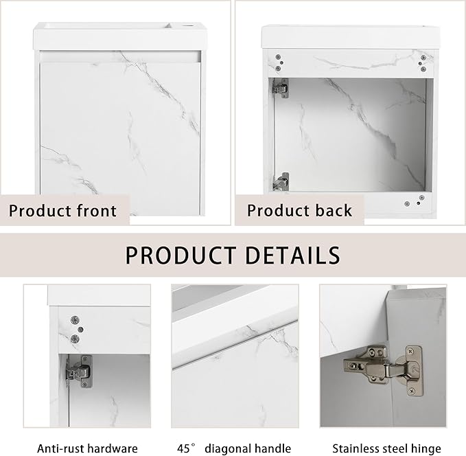 20" Small Floating Bathroom Vanity with White Marble Grain Flat Door and Storage