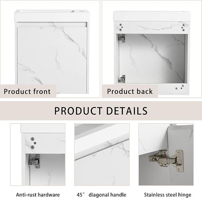 20" Small Floating Bathroom Vanity with White Marble Grain Flat Door and Storage