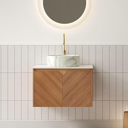 24 Inch Bathroom Vanity with Sink, Floating Fluted Vanity with Vessel Sink, Modern Wall Mounted Bathroom Vanity Cabinet with 2 Doors, White Marble Ceramic Sink & Sintered Stone Top, Oak